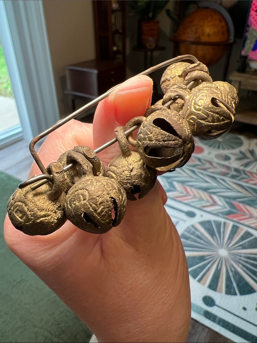 Vintage Chunky Ornate Embossed Brass Bell Charm Safety Pin Brooch